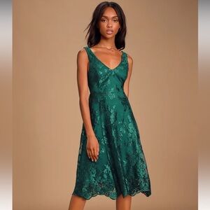Lulu’s Belynn Forest Green Embroidered Sleeveless Midi Dress